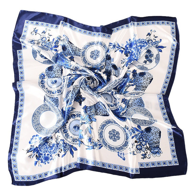 Wholesale  Blue and White Porcelain Pattern 90* 90 Satin Large Square Scarf