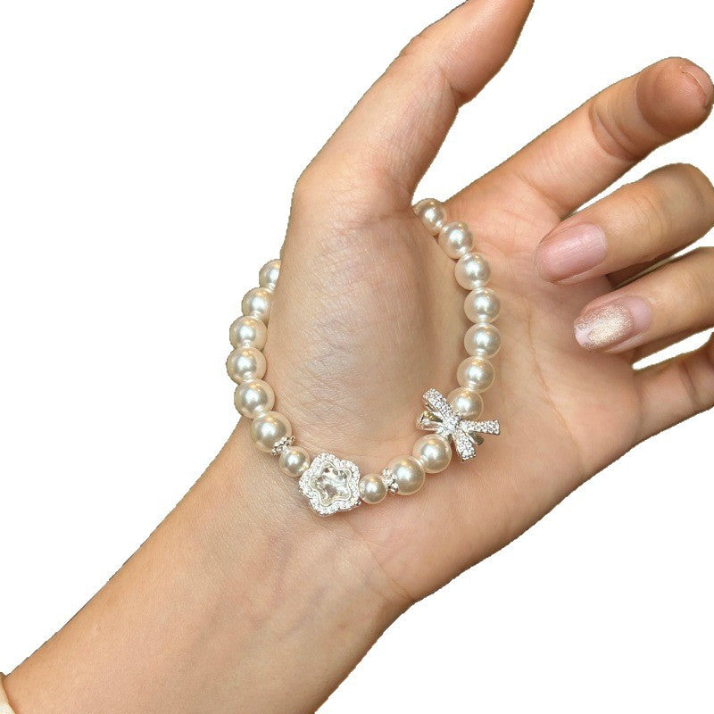 Wholesale French-Style Butterfly Pentagram Beaded Bracelet with Faux Pearls and Diamond Accents,  Fashion Accessory for Everyday Wear