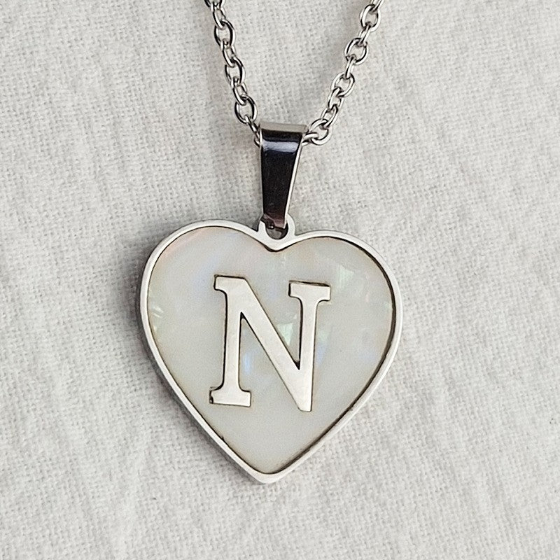 Wholesale 26 English Letters Heart Inlaid Shell Titanium Steel Necklace ACC-NE-DingChao002