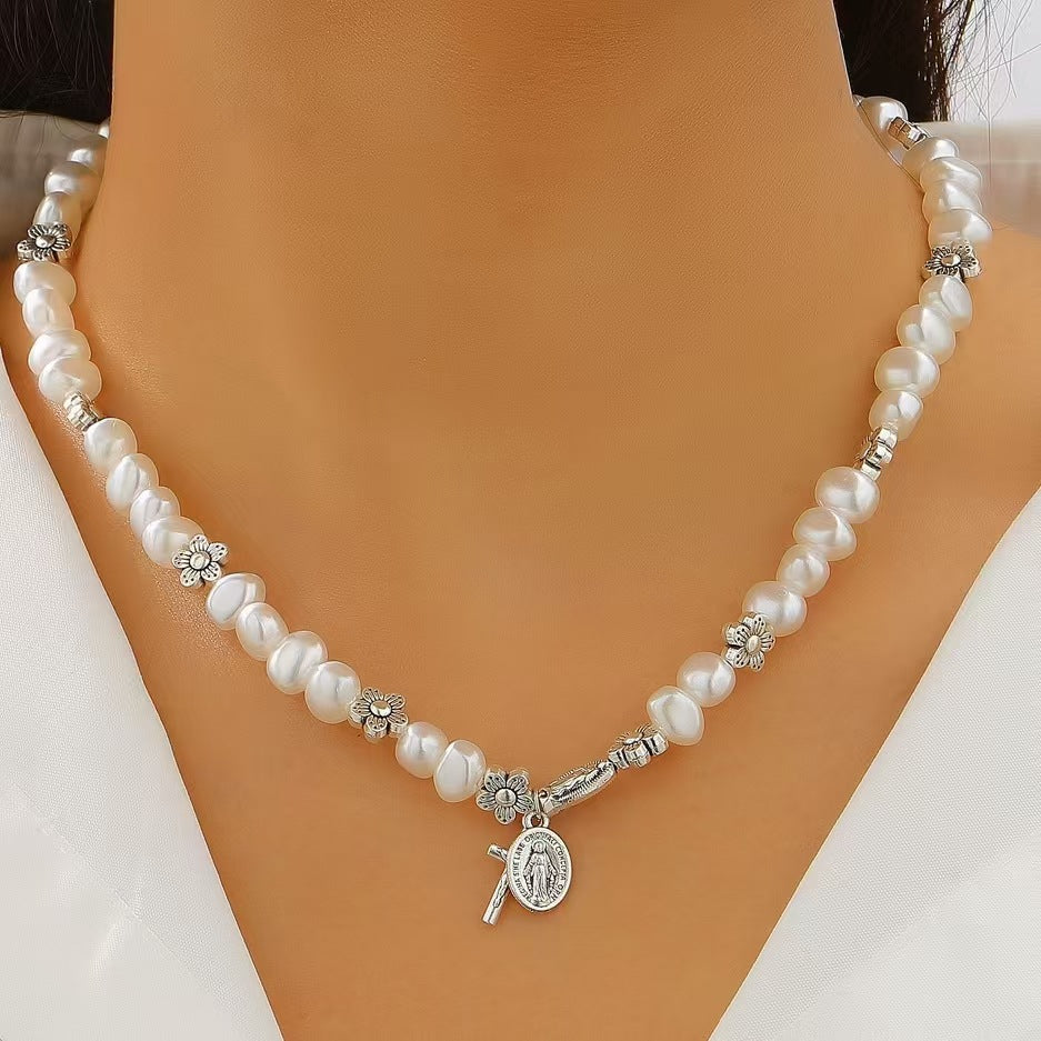 Wholesale Alloy man-made pearl beaded flower and cross Virgin Mary bracelet