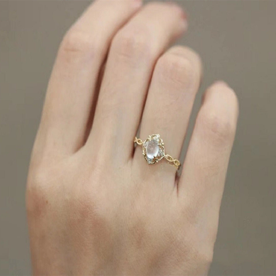 Wholesale White Chalcedony Egg Ring Copper Open Ring Zircon Gift for Her