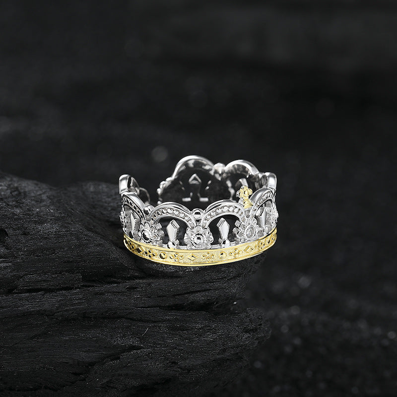 Wholesale 925 Sterling Silver Gold Heavy Industry Crown Open Ring