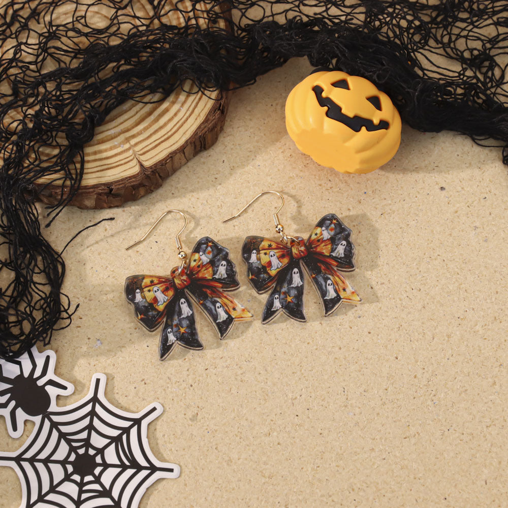 Wholesale Halloween Gothic Acrylic Evil Pumpkin Bow Earrings