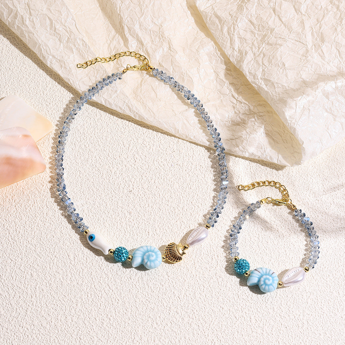 Wholesale Starfish shell necklace with marine resort style colorful crystal beaded necklace bracelet set