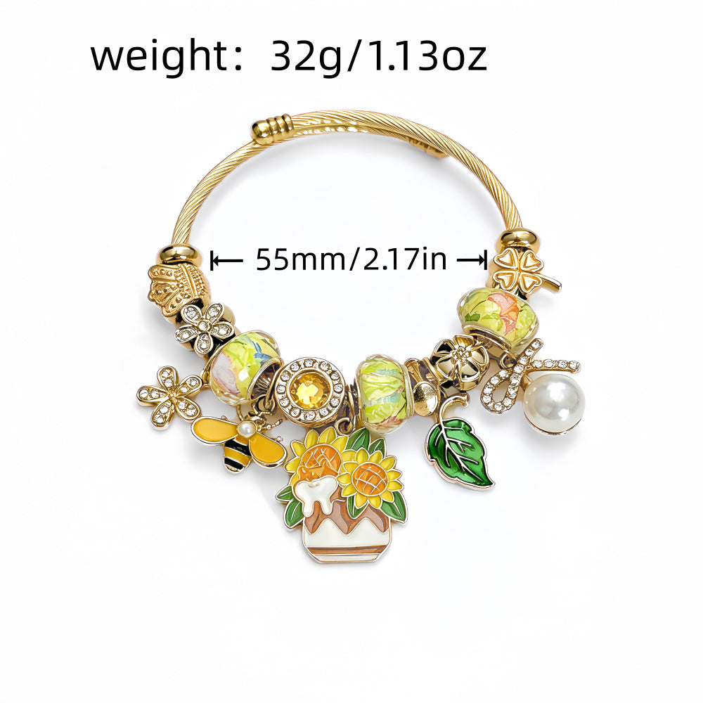 Wholesale Trendy DIY Glass Bead Bracelet With Sunflower Bee Pearl Pendant Adjustable Stainless Steel Women S Fashion Accessory