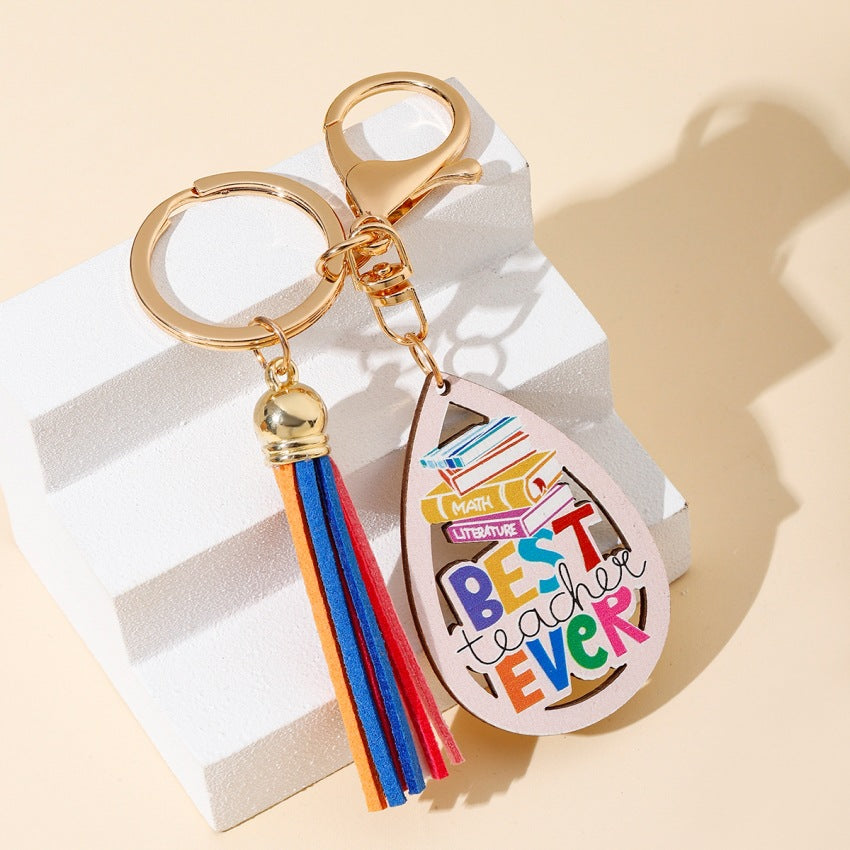 Wholesale Rainbow Teacher’s Day Wooden Sign Tassel Keychain ACC-KC-RongR043