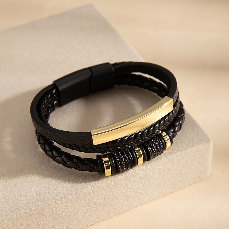 Wholesale Woven PU Leather Men S Fashion Bracelet Three Layer Design With Engravable Alloy Magnetic Clasp Everyday Accessory