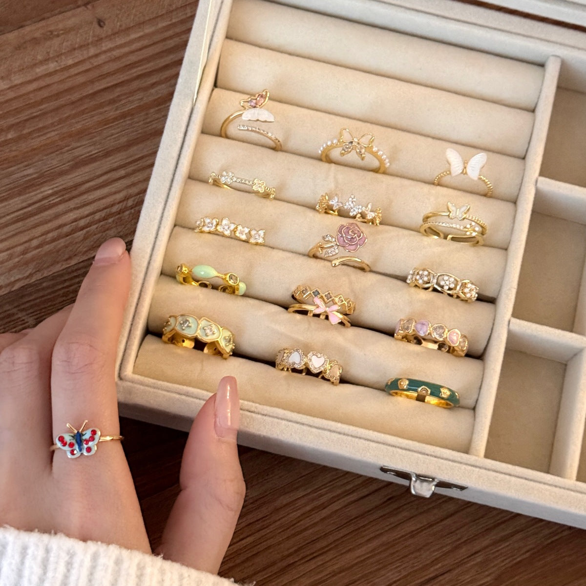 Wholesale Colored Enamel Butterfly Ring Pearl Open Ring ACC-RS-Yues008