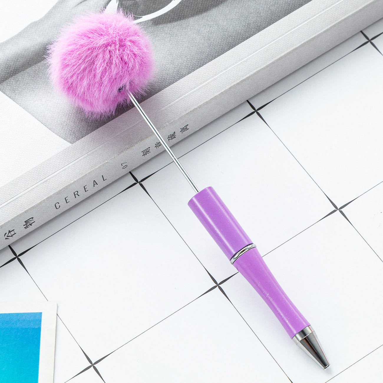 Wholesale Beadable Pens Pom Pom Fuzzy Plastic DIY Beaded Pens Solid Color Pens