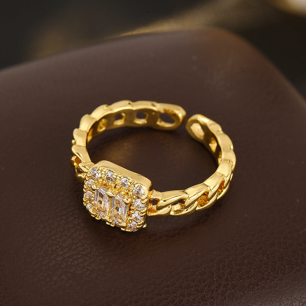 Wholesale Sugar Cube Square Zircon Ring Gold Tone Chic Fashion Accessory Boutique Gift
