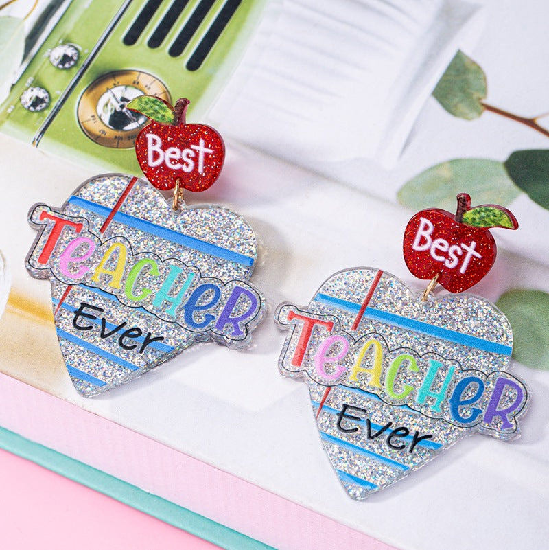 Wholesale Fashion Earrings  Cute Heart-Shaped LettersApple Earrings Teacher' s Day Acrylic Earrings Jewelry