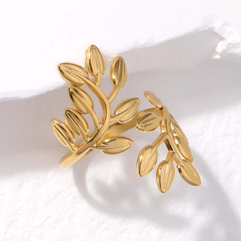 Wholesale Stainless Steel Leaf Open Ring Electroplated Finish Fashion Jewelry Accessory For Everyday Wear Party And Gift