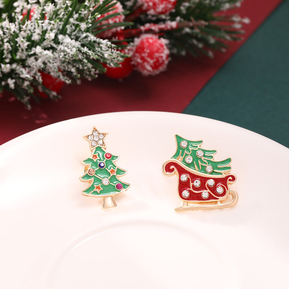Wholesale  drop oil brooch personality Christmas tree Christmas pearl diamond alloy brooch 4 piece set