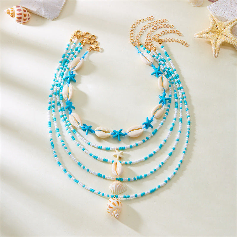 Wholesale  Multi-layer Necklace  All-match Summer Starfish Shell Conch Rice Bead Necklace 5-piece Set
