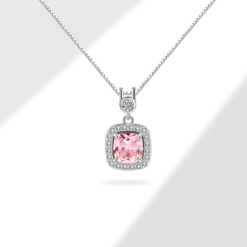 Wholesale All-match zircon square sterling silver necklace luxury pink diamond necklace