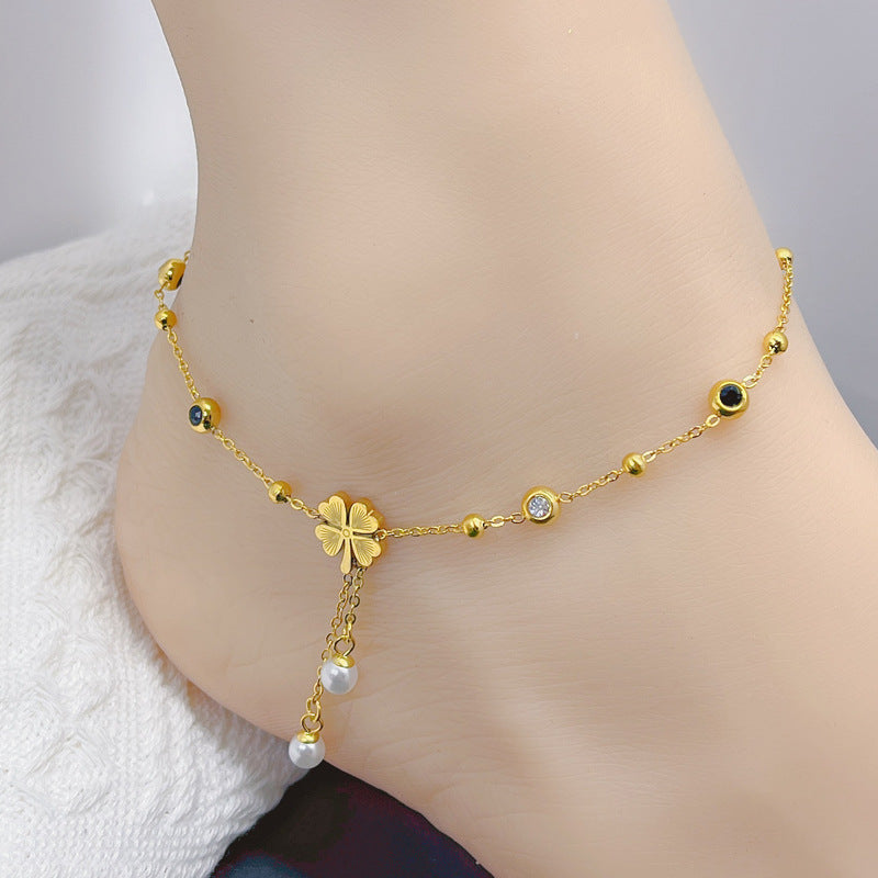 Wholesale Titanium Steel Shell Star Moon Tassel Anklet Double-sided Black and White Zircon Diamond Five-pointed  Anklet