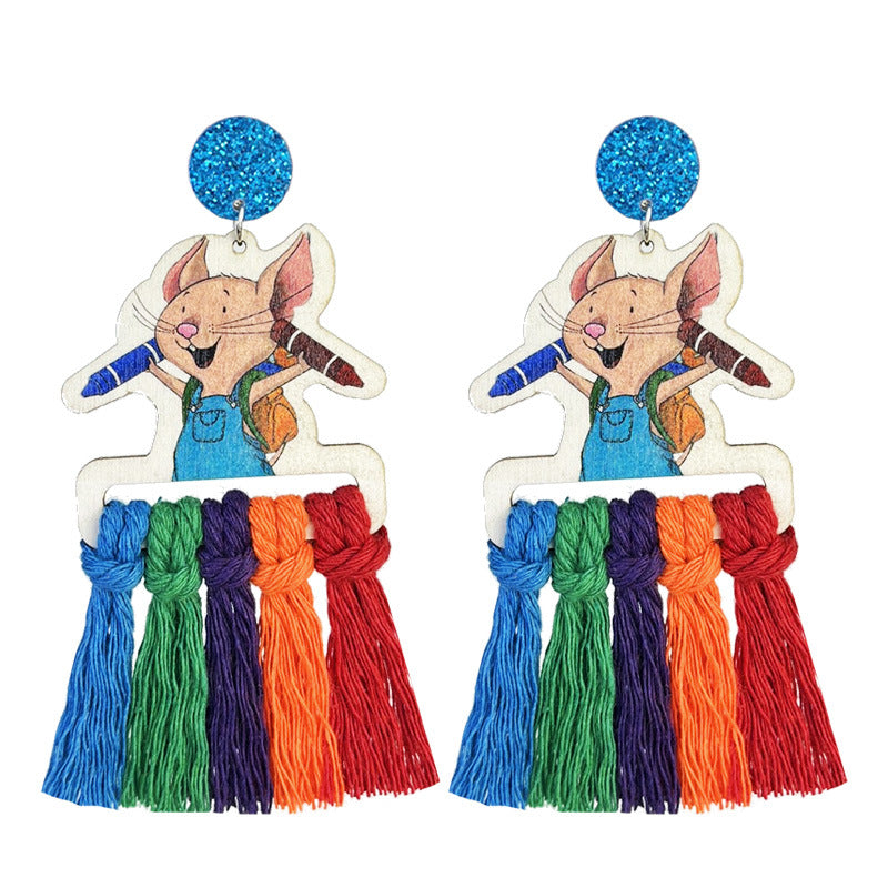 Wholesale 2 Pairs/pack Teacher's Day Colorful Tassel Earrings Hand-woven Multi-color Cute Wood Earrings ACC-ES-HY141