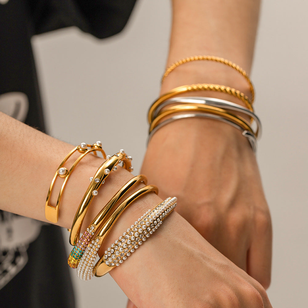 Wholesale Titanium Steel Bracelet 18K Gold-plated Multi-layer Full Diamond Pearl Bracelet ACC-BT-JieDing002