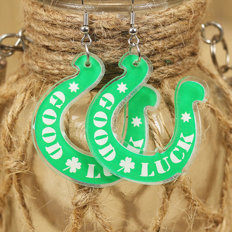 Wholesale  Western Style Cute Horseshoe Multi-Color Letter Good Luck Printed  Acrylic Earrings