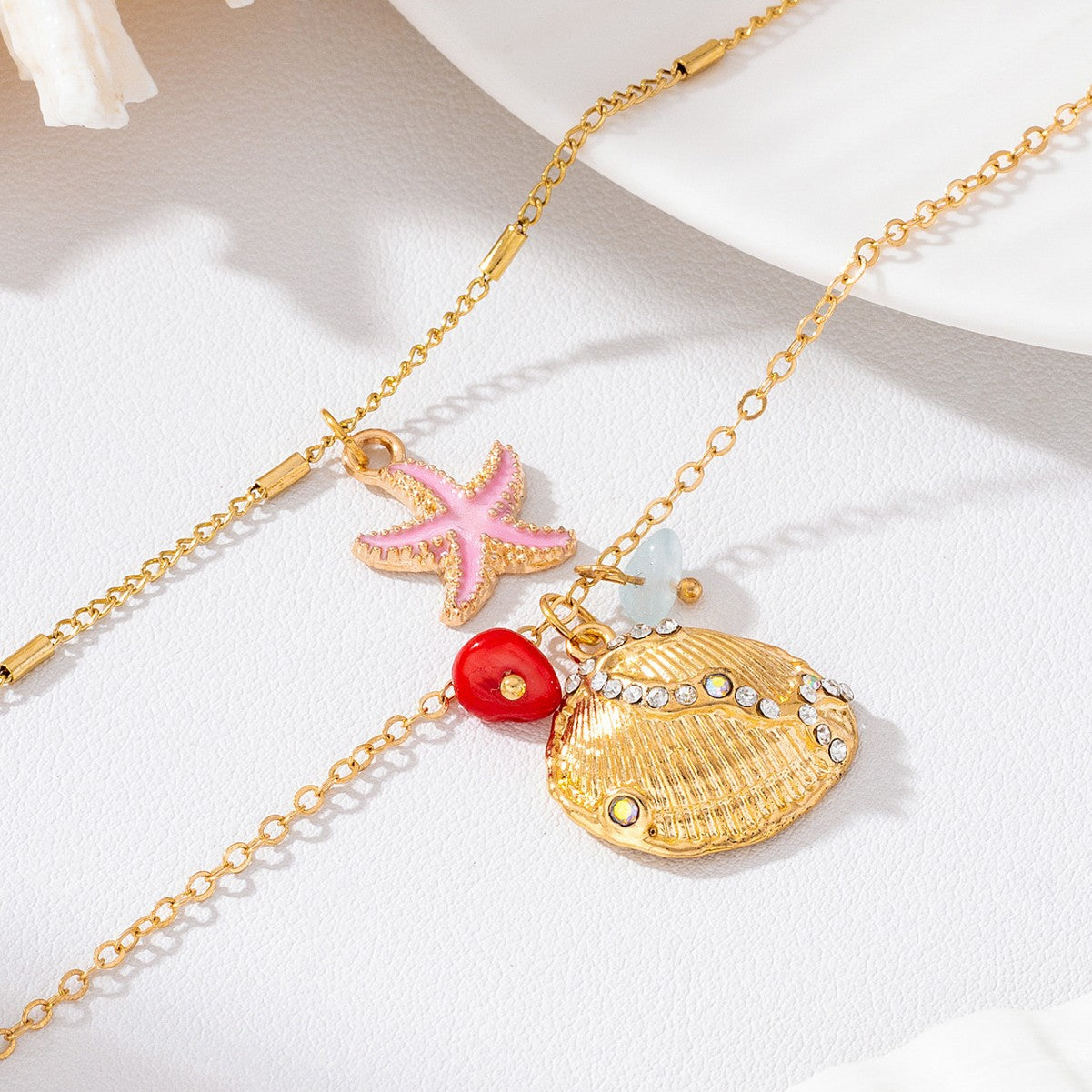 Wholesale Trendy Ocean Themed Layered Necklace Pink Starfish Rhinestone Shell Pendant Women S Fashion Jewelry Gift