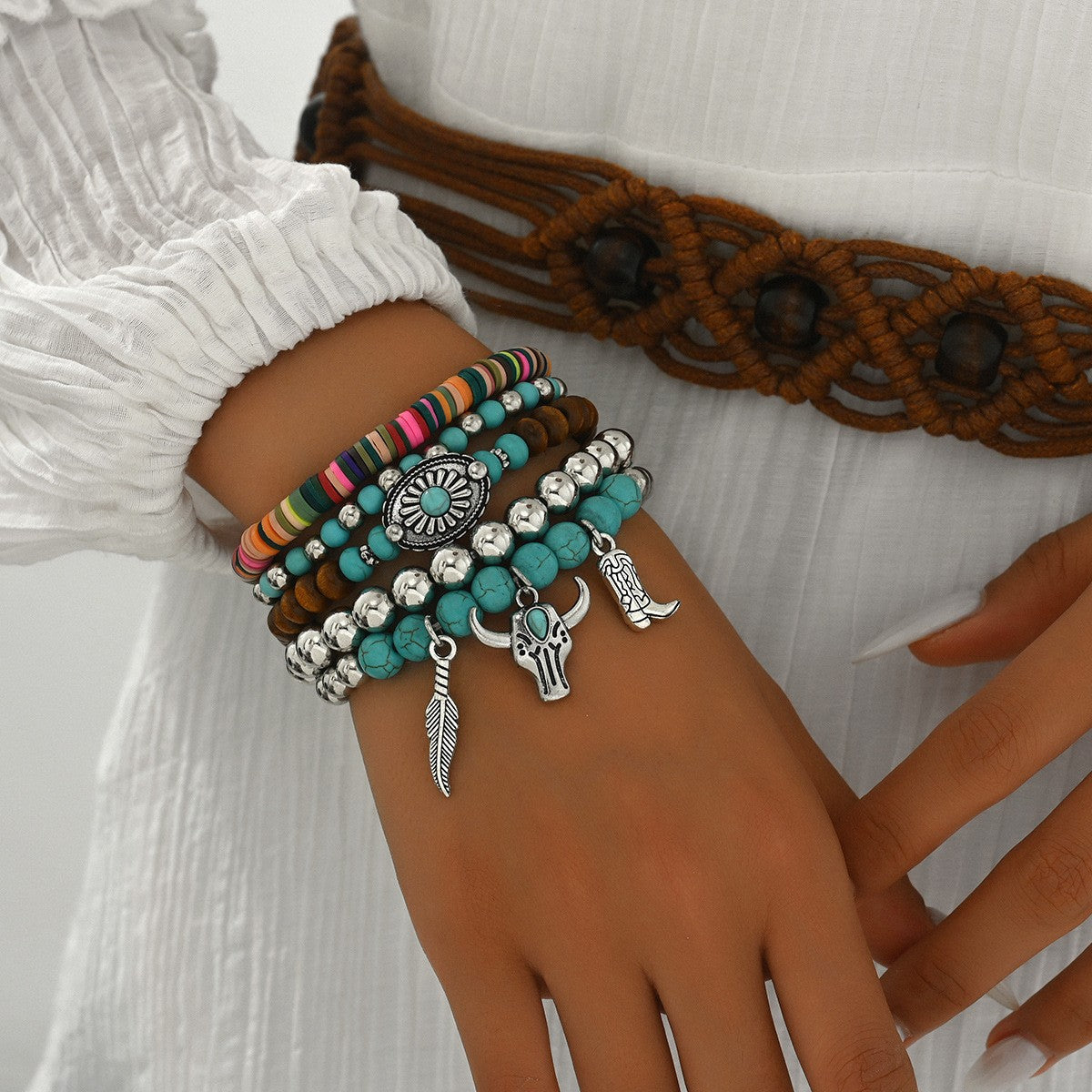 Wholesale Bohemian Style  Retro Bull Head Alloy Turquoise Beaded  Bracelet