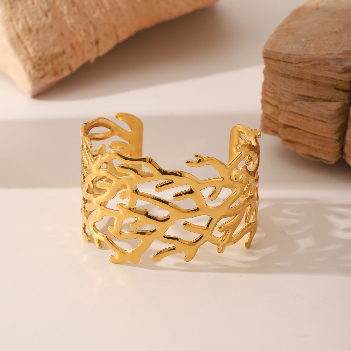 Wholesale  Stainless Steel Hollow Branch-shaped Wide-faced Open Bracelet