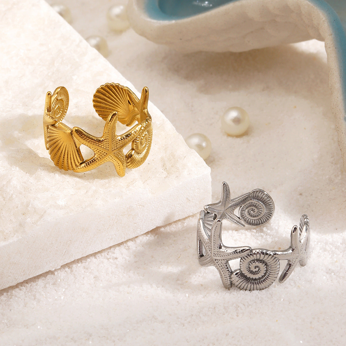 Wholesale Starfish Stainless Steel Open Ring Ocean Vacation Style Jewelry Accessory