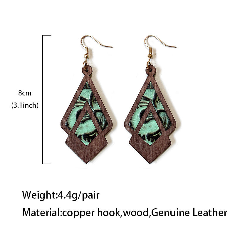 Wholesale retro Western cowhide embossed inlaid wooden earrings