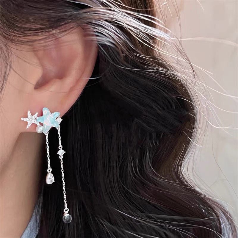 Wholesale Blue Summer Ocean Starfish Long Tassel Earrings