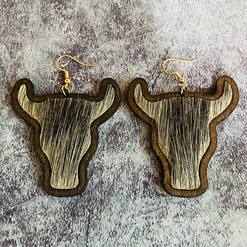 Wholesale Vintage Genuine Leather Western Bull Head Leopard Inlaid Wood Earrings ACC-ES-XinChuan065