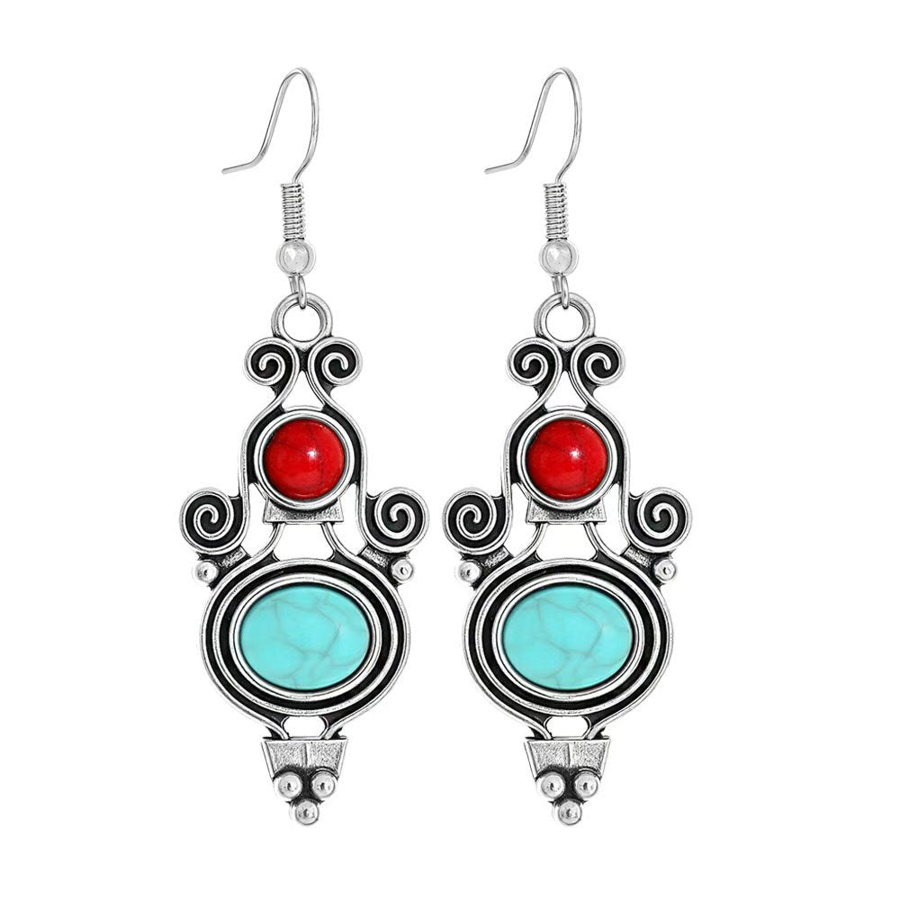 Wholesale Turquoise Geometric Tassel Earrings Antique Silver Retro Fashion Accessory for Everyday Wear or Gift