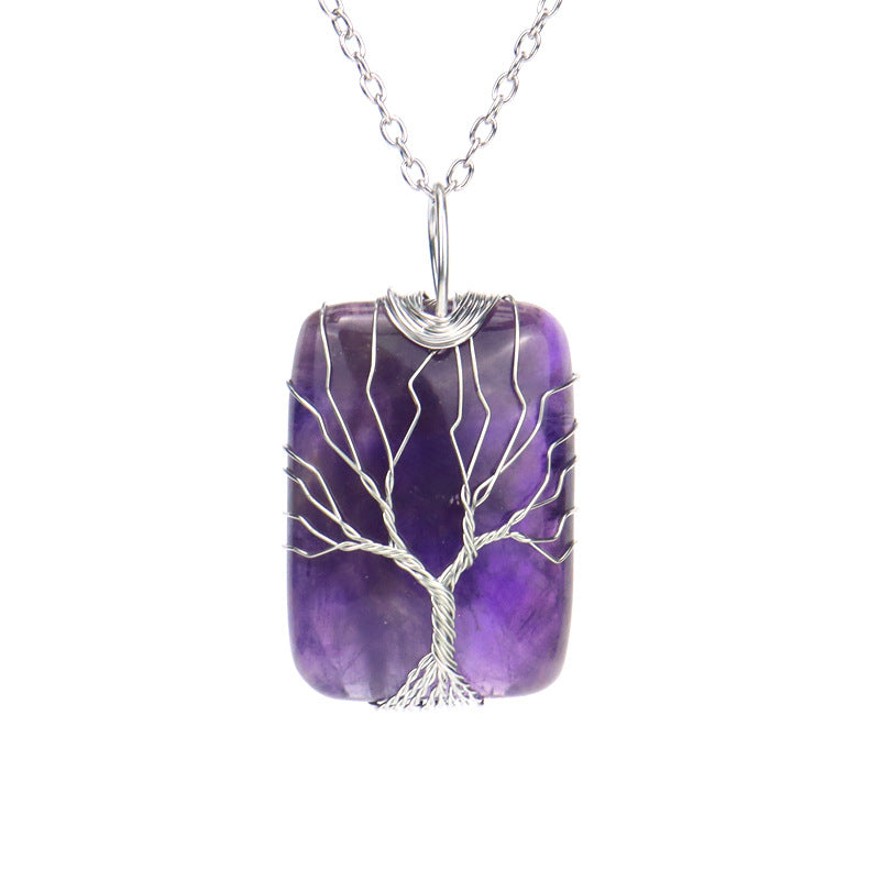 Wholesale Handmade Wire Wrapped Rectangular Tree Of Life Pendant Necklace Natural White Crystal Agate Jewelry Accessory For Resale