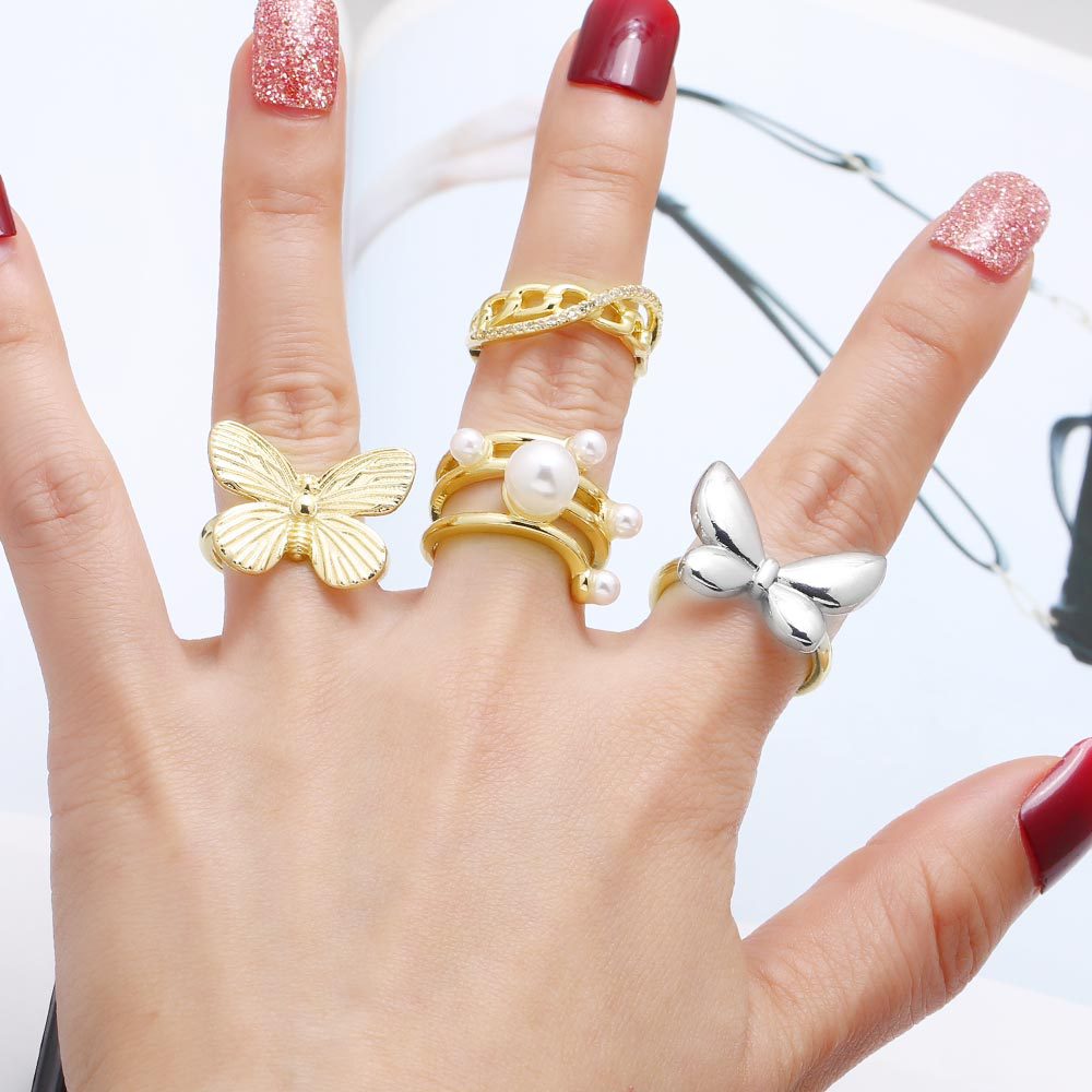 Wholesale Pearl Sequin Butterfly Open Copper Plated 18K Ring