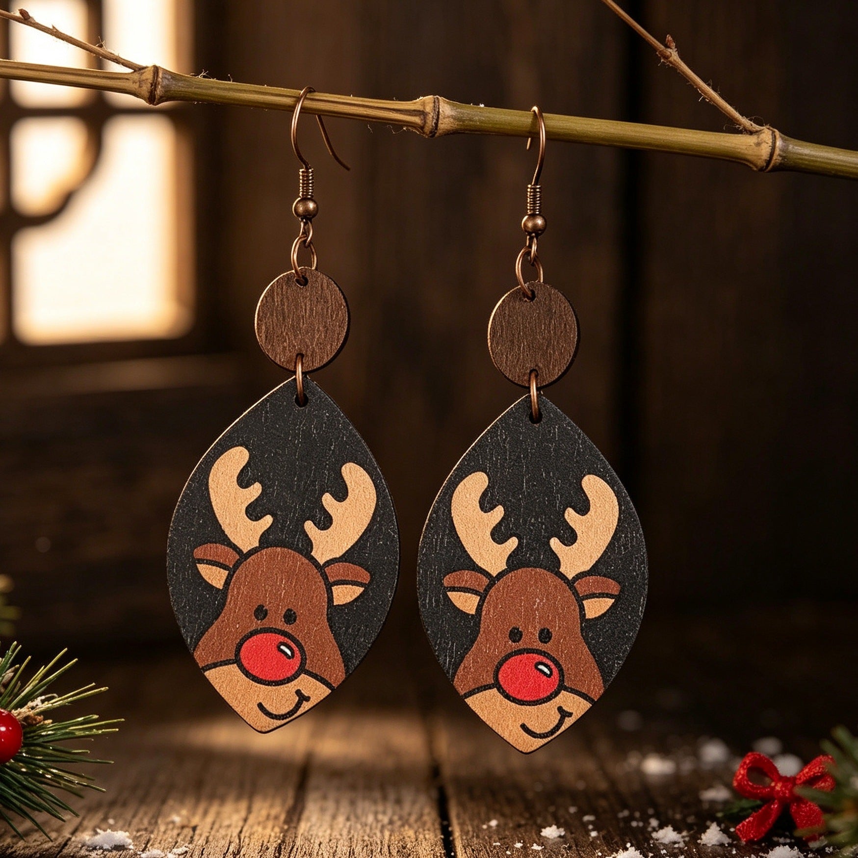 Wholesale Fashion Christmas Reindeer Wooden Geometric Dangle Earrings Jewelry Accessory For Party Boutique Resale