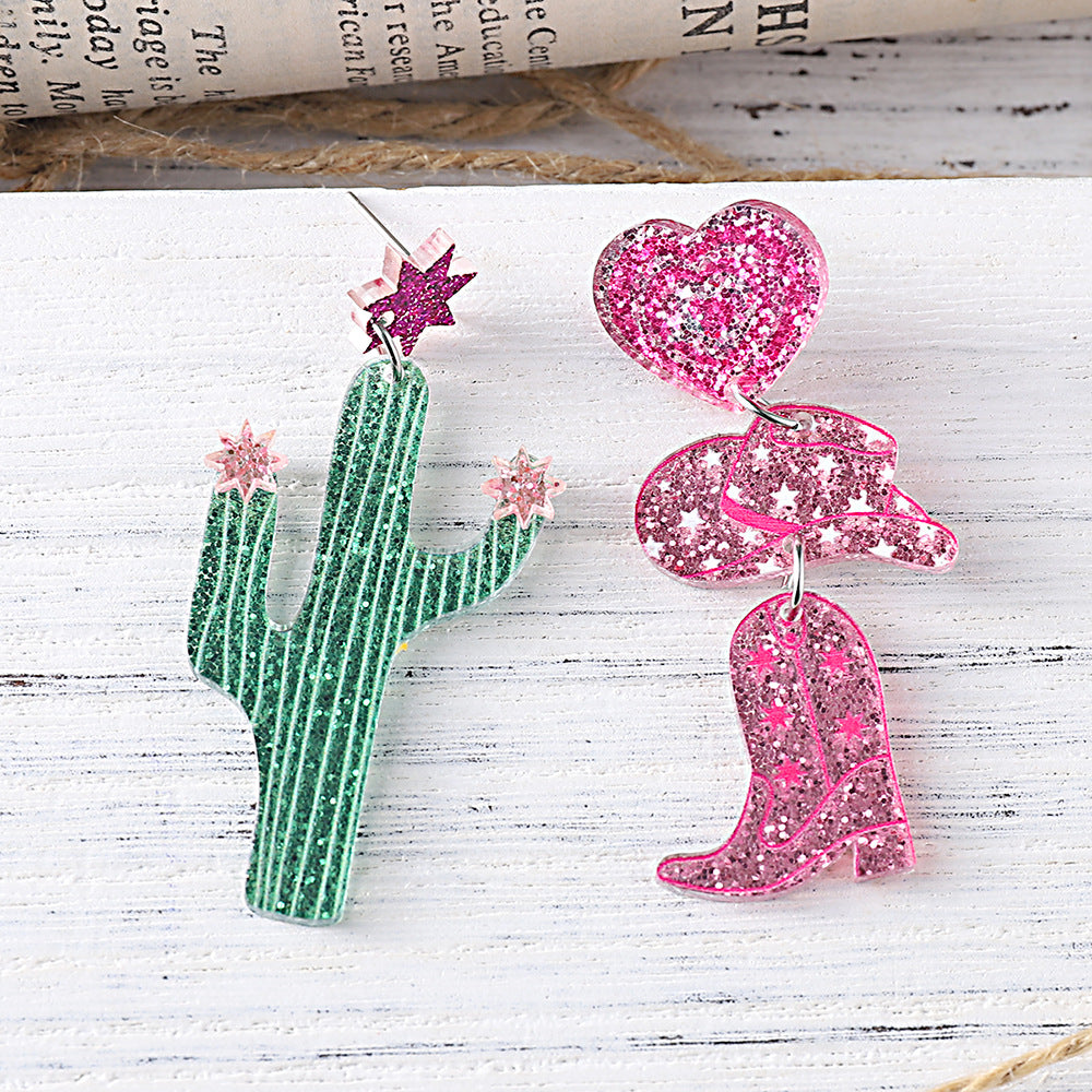 Wholesale  Western Style Cactus Denim Hat Boots Sequin Acrylic Pendant Earrings