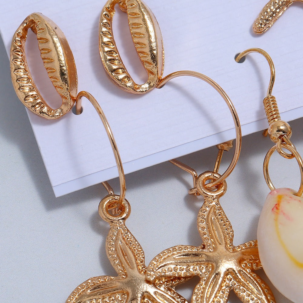 Wholesale Beach Style Golden Shell Starfish Conch Combination Earrings