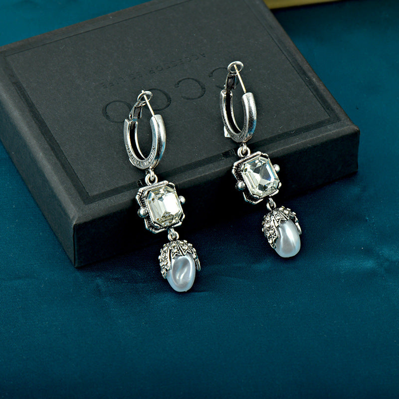 Wholesale Light Luxury Retro Old Antique Gold Crystal Pearl 925 Silver Needle Earrings ACC-ES-JiuJia007