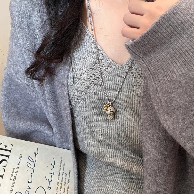 Wholesale  Titanium Steel Cartoon Mushroom Necklace Natural Stone Tiger Eye Pendant