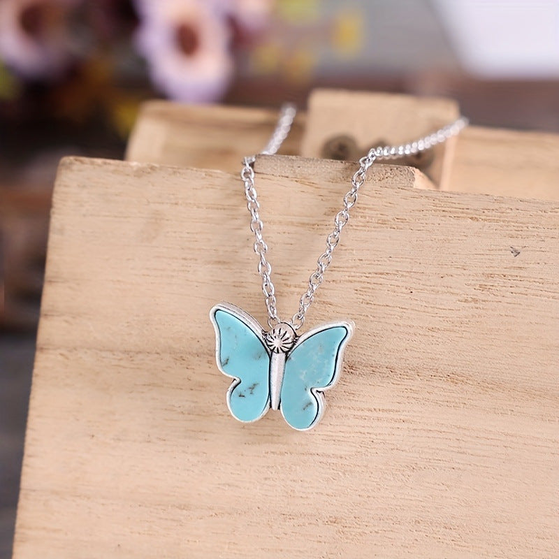 Wholesale Simple Blue Butterfly Turquoise Necklace Zinc Alloy Electroplated Boutique Resale Jewelry Accessory