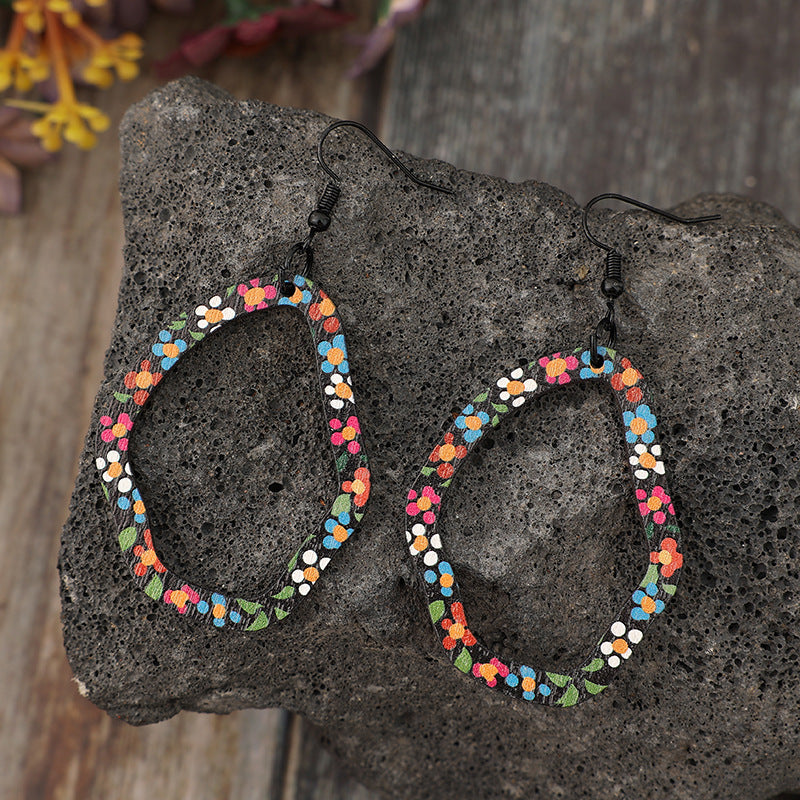 Wholesale Bohemian Style European and American Retro Asymmetrical Geometric Printing Fresh Flower Wooden Earrings Women' s Earrings