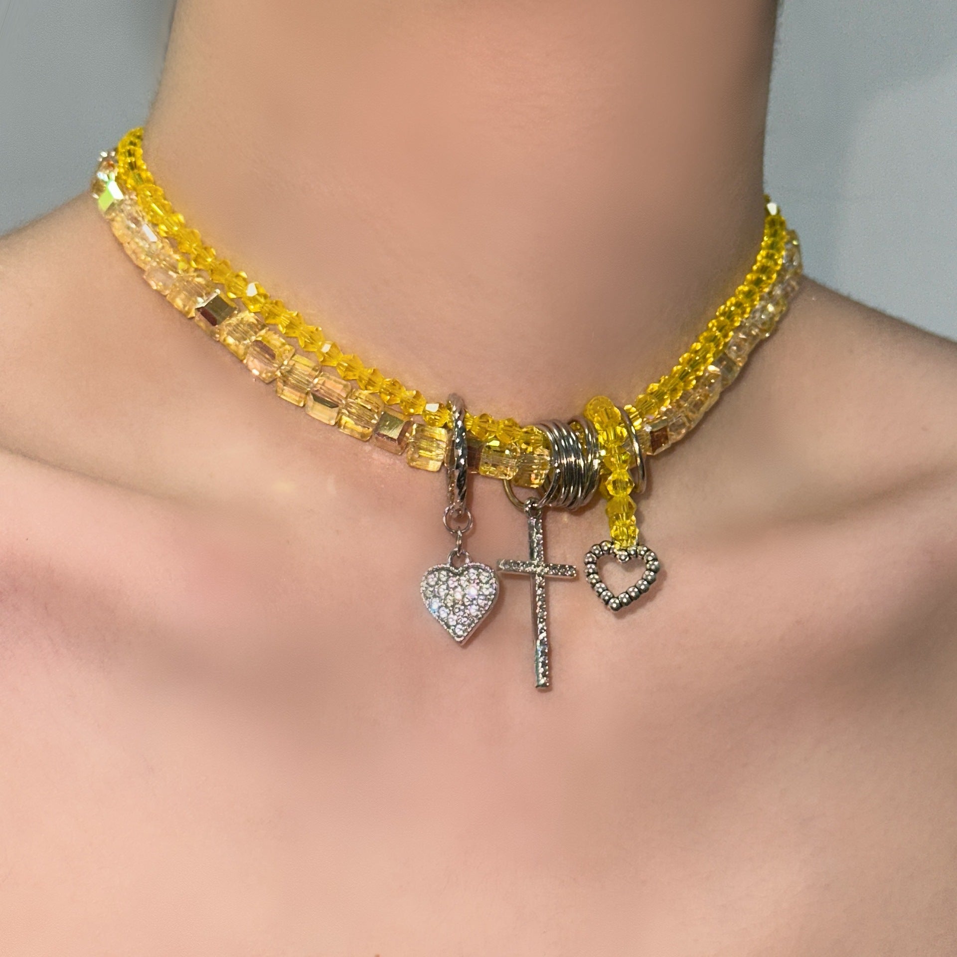 Wholesale Double-layer crystal beaded heart star personality cross tassel necklace