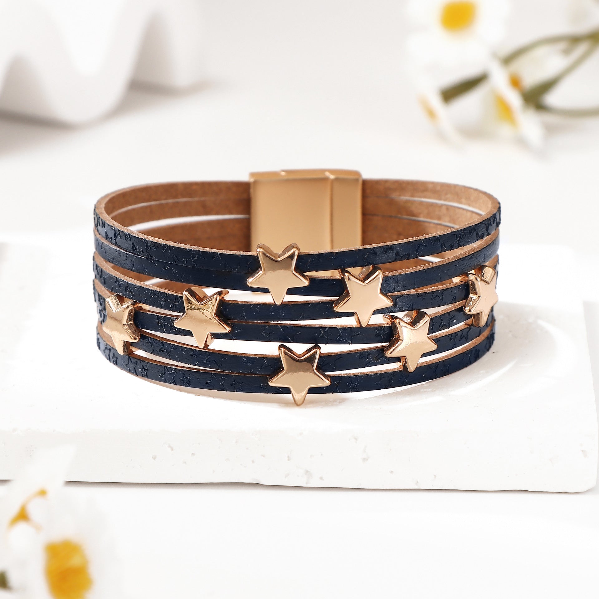 Wholesale Gold Leather Star Multi Layer Bracelet Magnetic Clasp Women S Vacation Style Chic Jewelry Gift