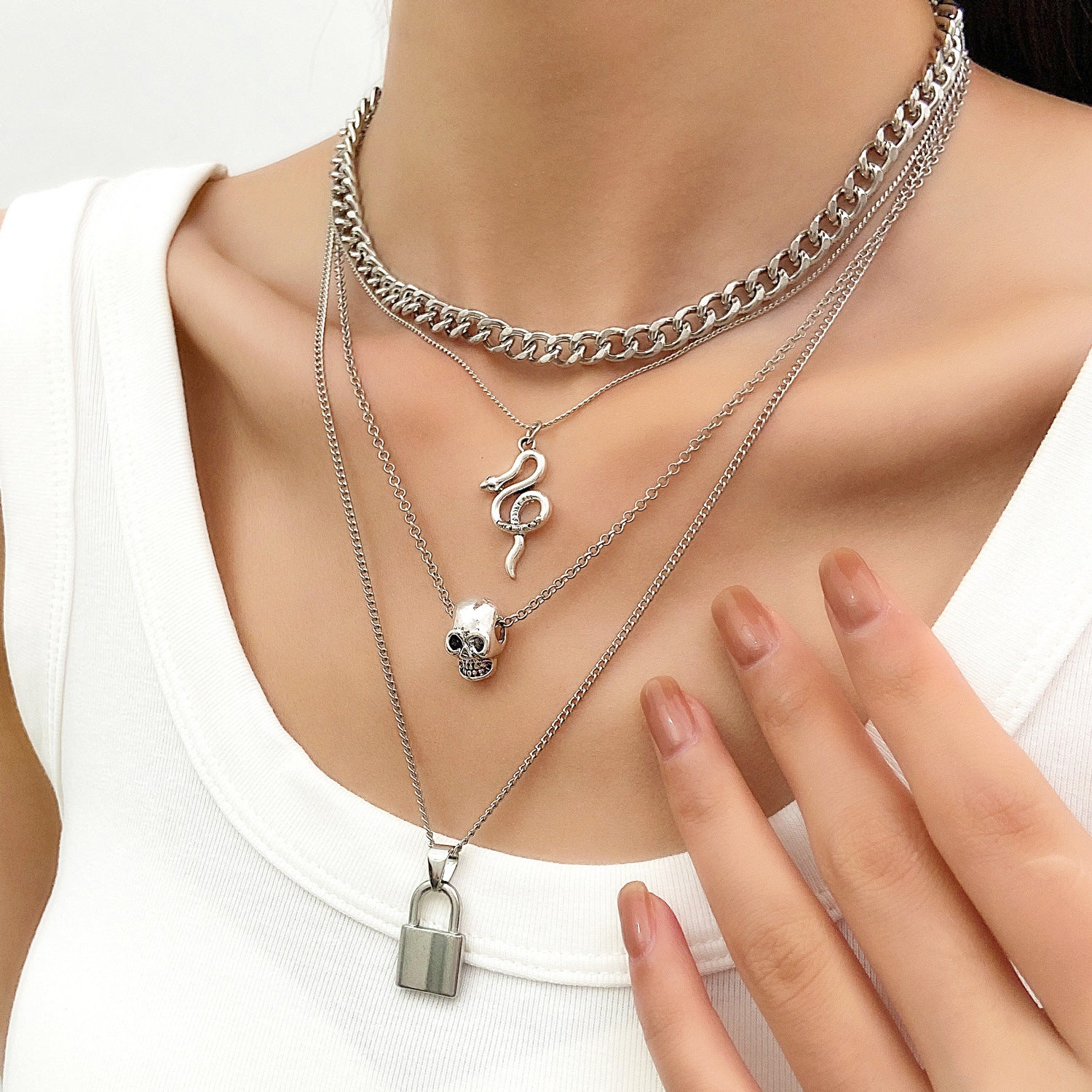 Wholesale Vintage Multilayer Skull Snake Lock Chain Necklace,  Stylish Jewelry Accessory for Boutique Resale