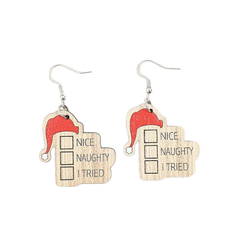 Wholesale Wooden Christmas Earrings With Santa Hat Print Letter Design Stylish Jewelry Accessory For Party And Gift