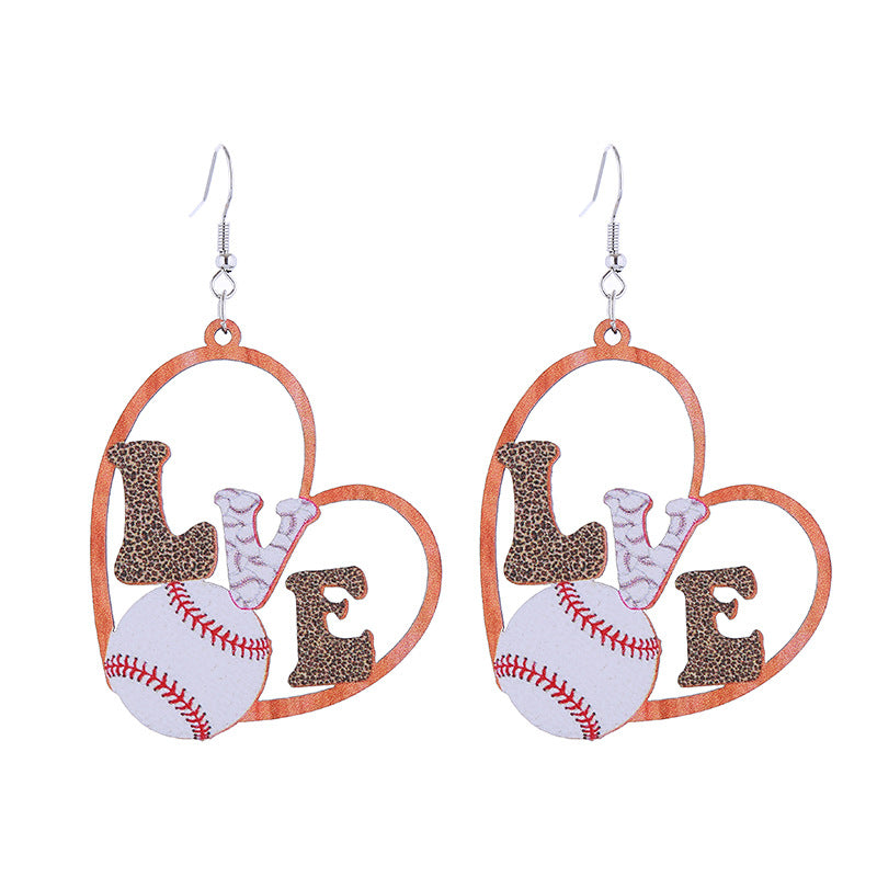 Wholesale Sports Style Baseball Heart Wooden Earrings
