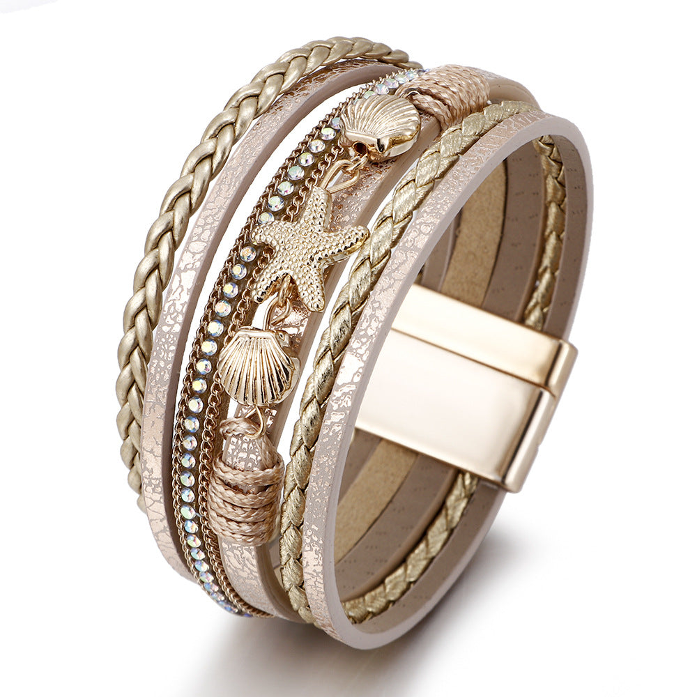 Wholesale Woven Artificial Leather Starfish Shell Bracelet Women S Bohemian Jewelry Accessory