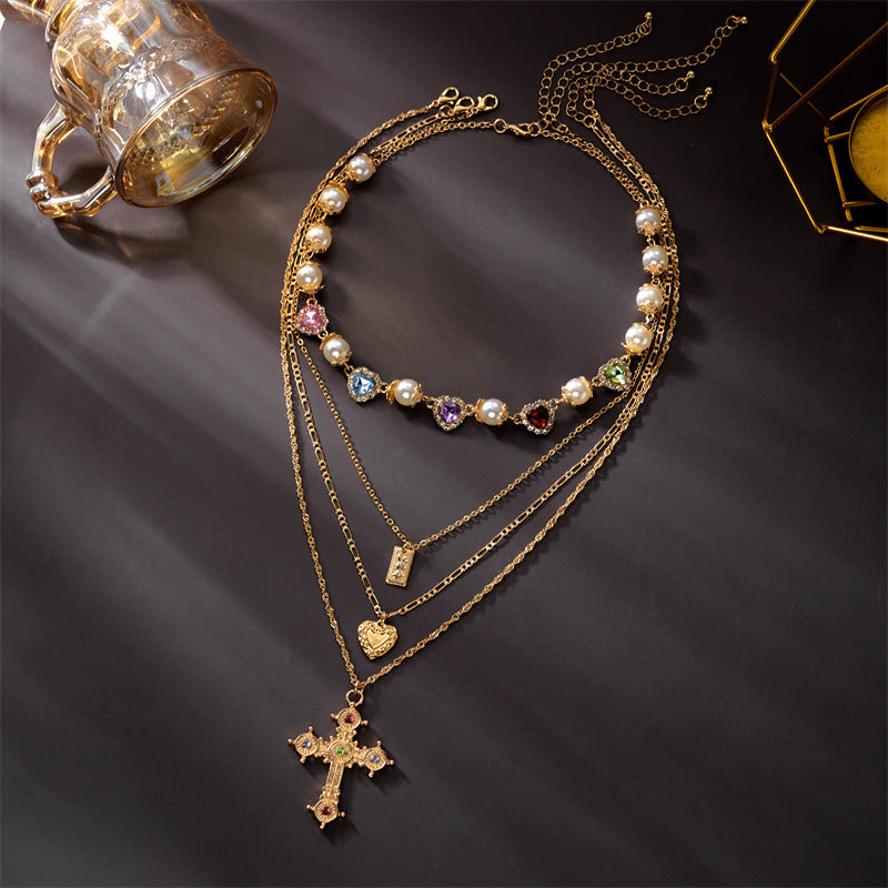Wholesale  cross necklace  colored diamond cross multilayer necklace