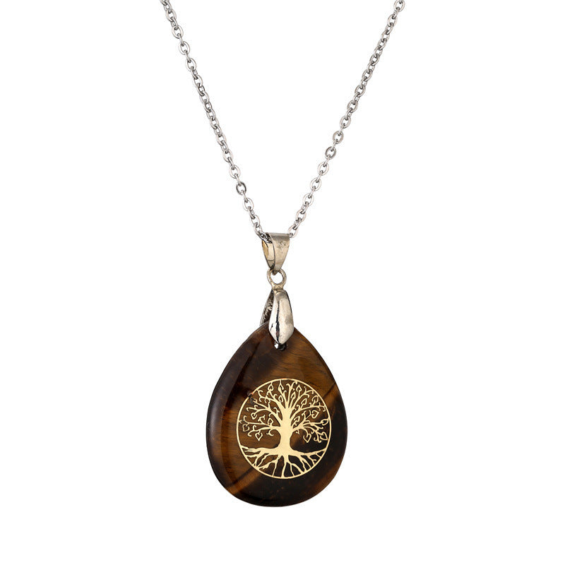 Wholesale Tree of Life Water Drop Pendant Necklace Crystal Semi Precious Stone Necklace Stainless Steel ACC-NE-Changx002
