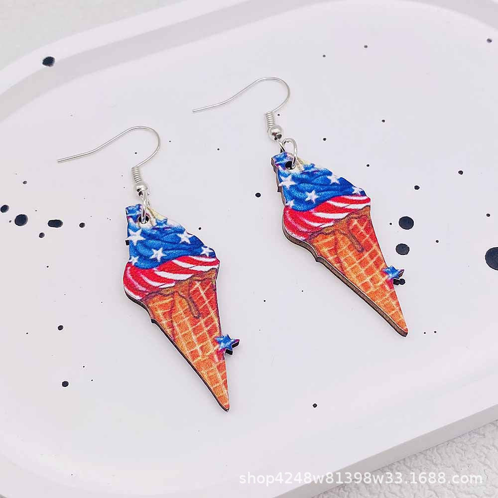 Wholesale Independence Day Earrings Pentagram Ice Cream Print Wooden Earrings ACC-ES-SuSheng002
