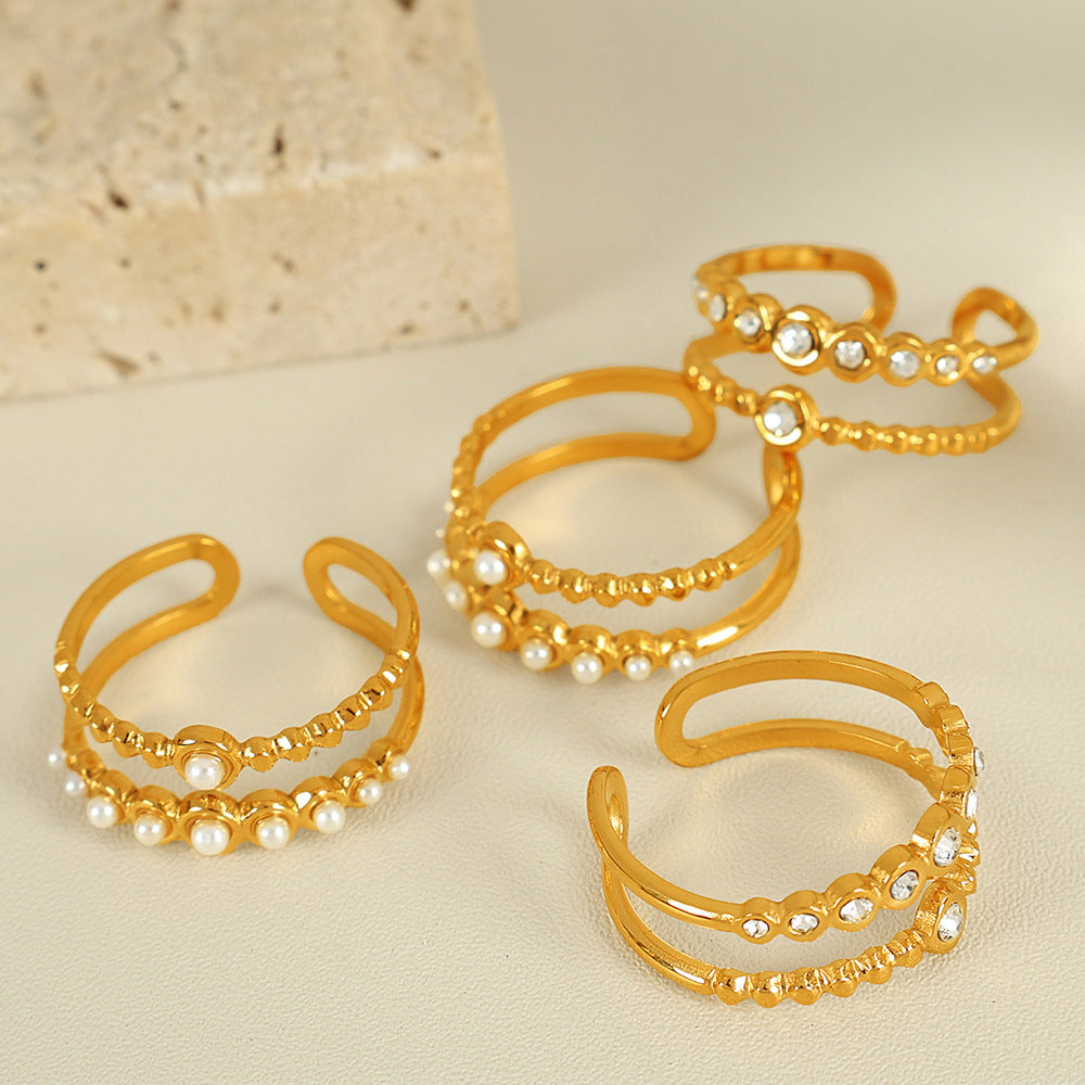 Wholesale high sense inlaid imitation pearl rhinestone ring retro titanium steel cross leaf ring jewelry